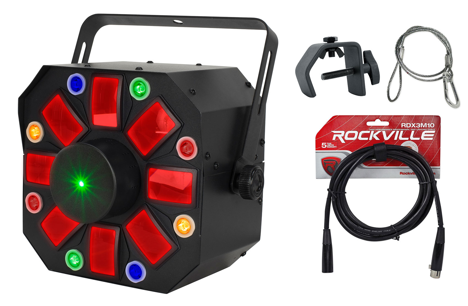 Eliminator Furious Three RG LED DMX Moonflower/Laser Effect Light+Cables+Clamp