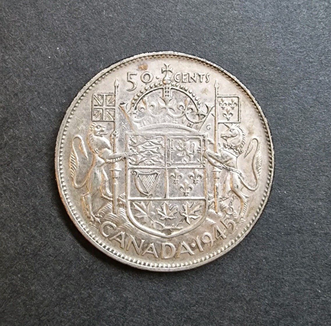 1945 Canada 50 Cents Coin .800 Silver, 11.66 g KGVI half Dollar