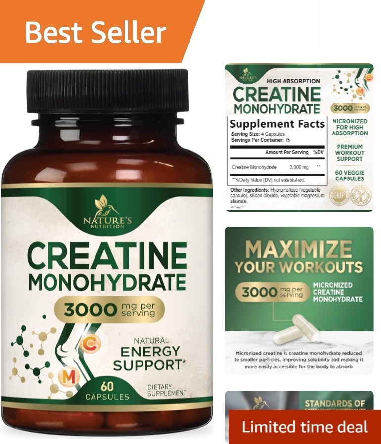 Unflavored Creatine Monohydrate 60 Capsules - Boost Energy, Strength & Muscle