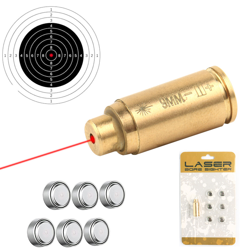 9mm Red Laser Bore Sight Brass Cartridge Bullet Shap Boresighter + 6 Batteries