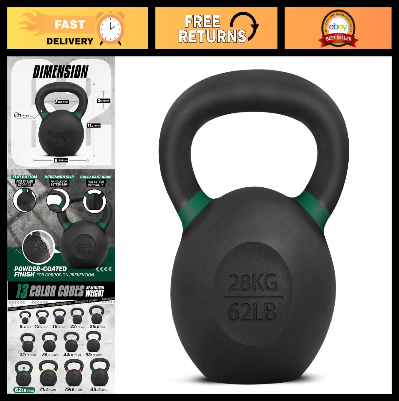 Cast Iron Kettlebell Set - Powder Coated Strength Training Weights for Home Gym