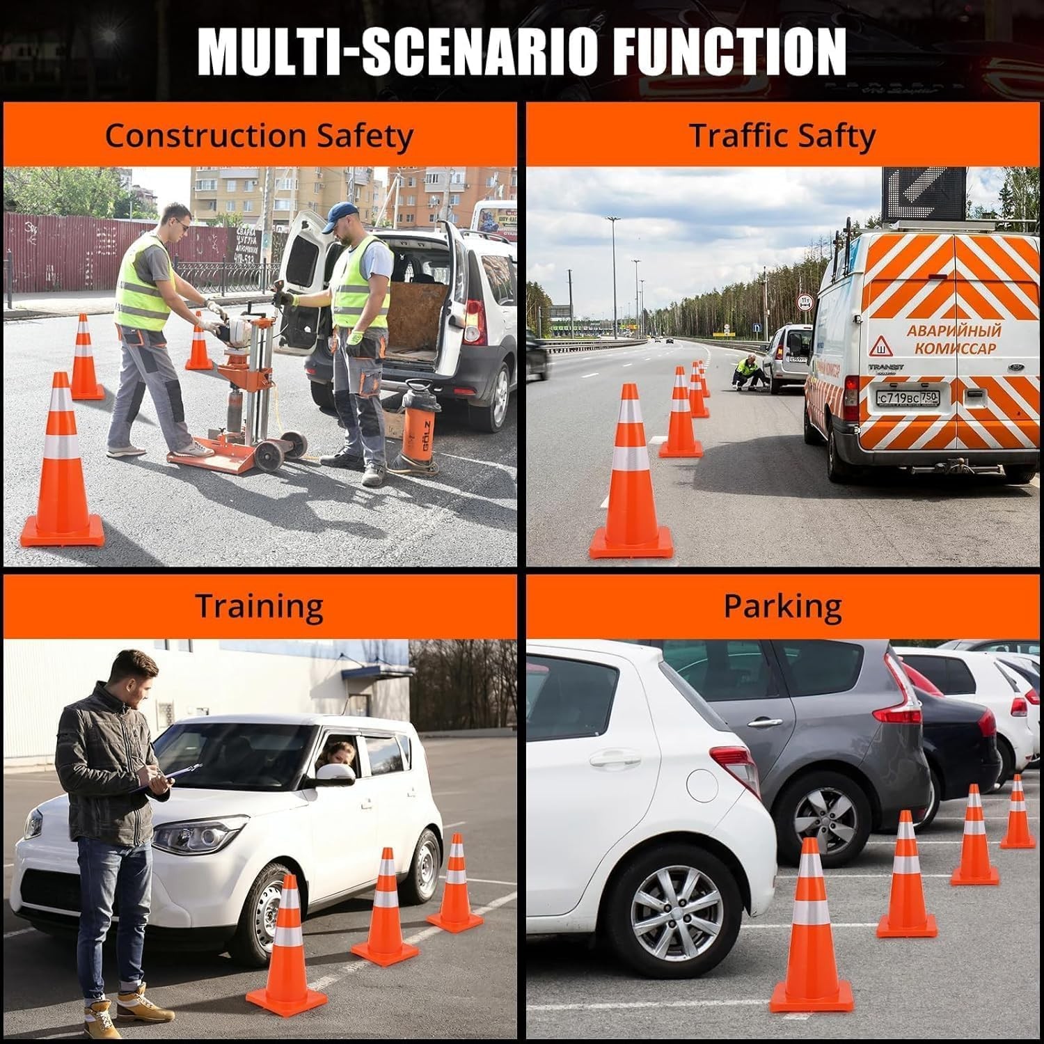 6 Pack Traffic Cone Set, 28 Inch High-Visibility Stackable Barriers with Reflect