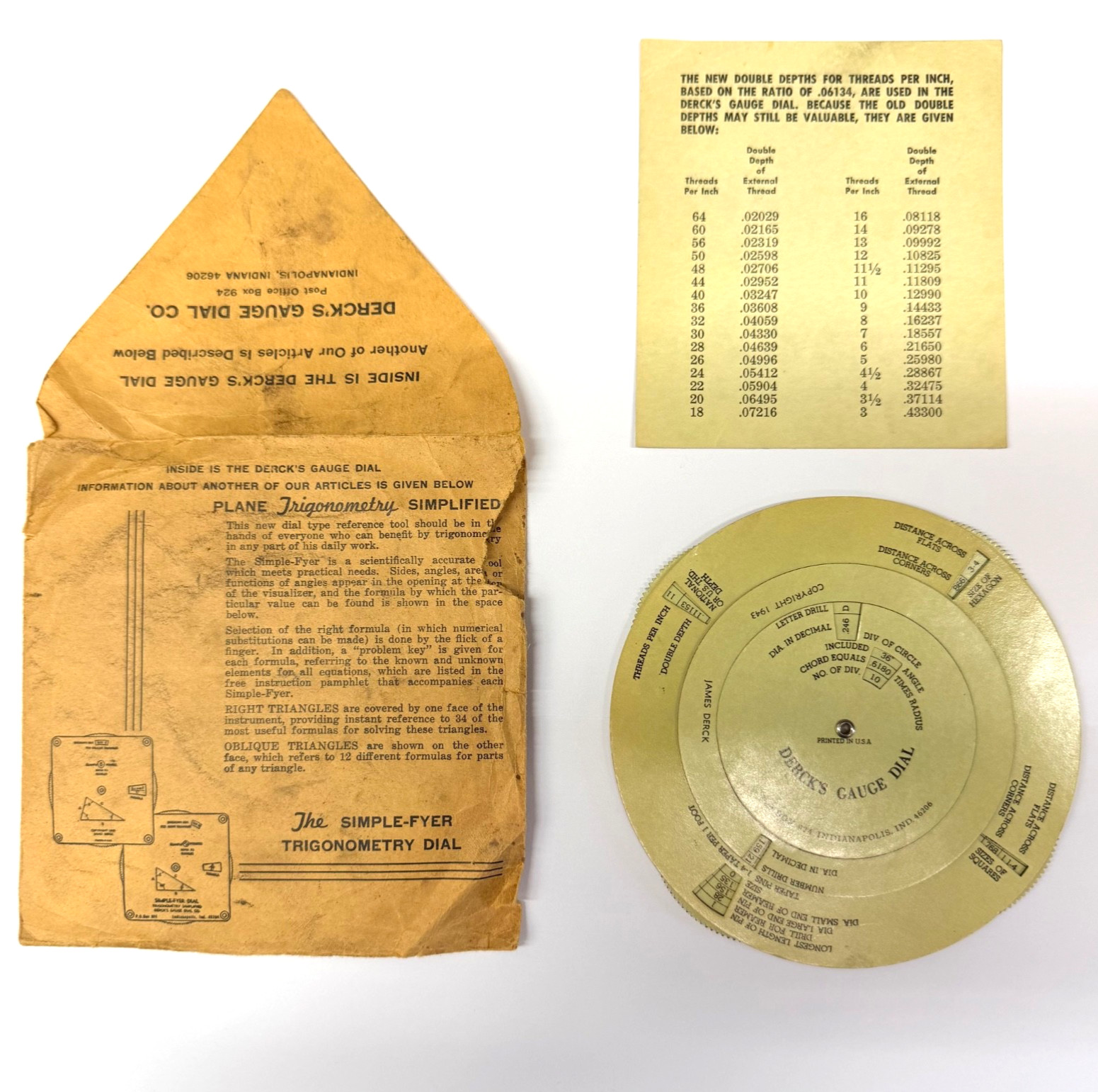 DERCK'S GAUGE DIAL ONLY w Envelope VTG 1943 EUC Decimal Threads Tapers Angles