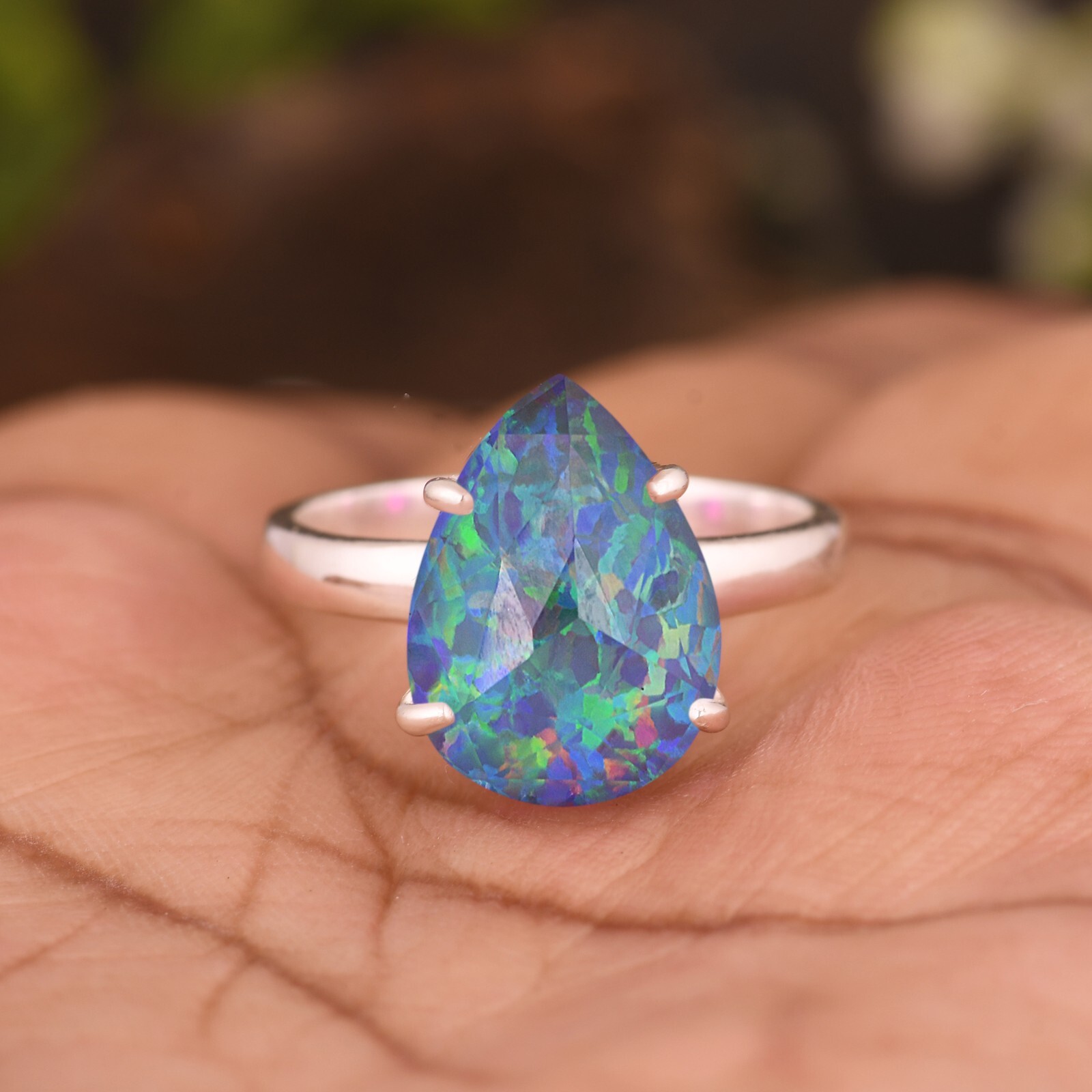 Teardrop Prong Set Fire Opal Sterling Silver Ring For Engagement Gift For Her