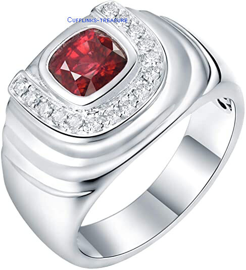 Natural Garnet & CZ Gemstones with 925 Sterling Silver Ring for Men's