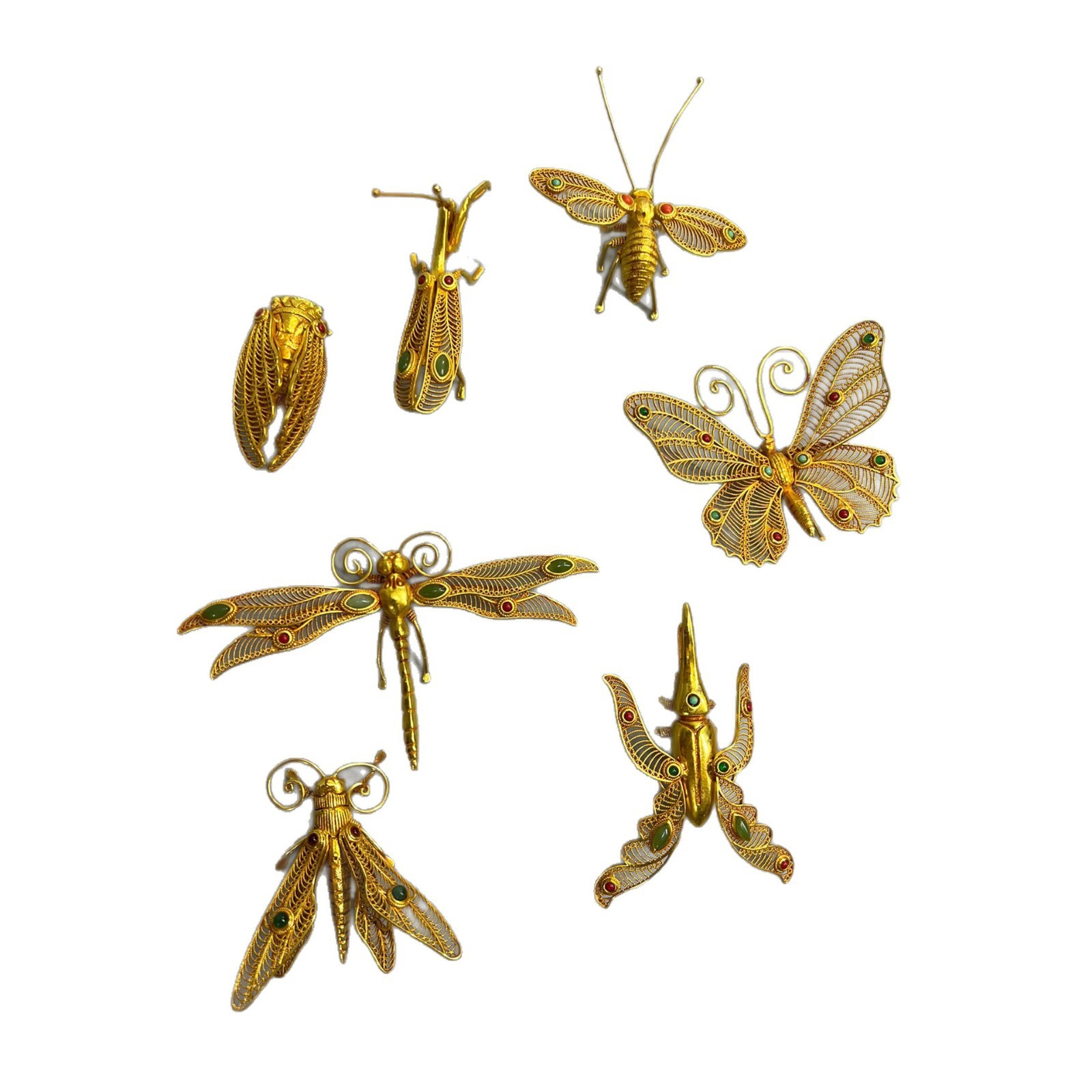 1Pc Pure Copper, Brass Gold Cicada Ornament Gilt Filigree Inlaid Green
