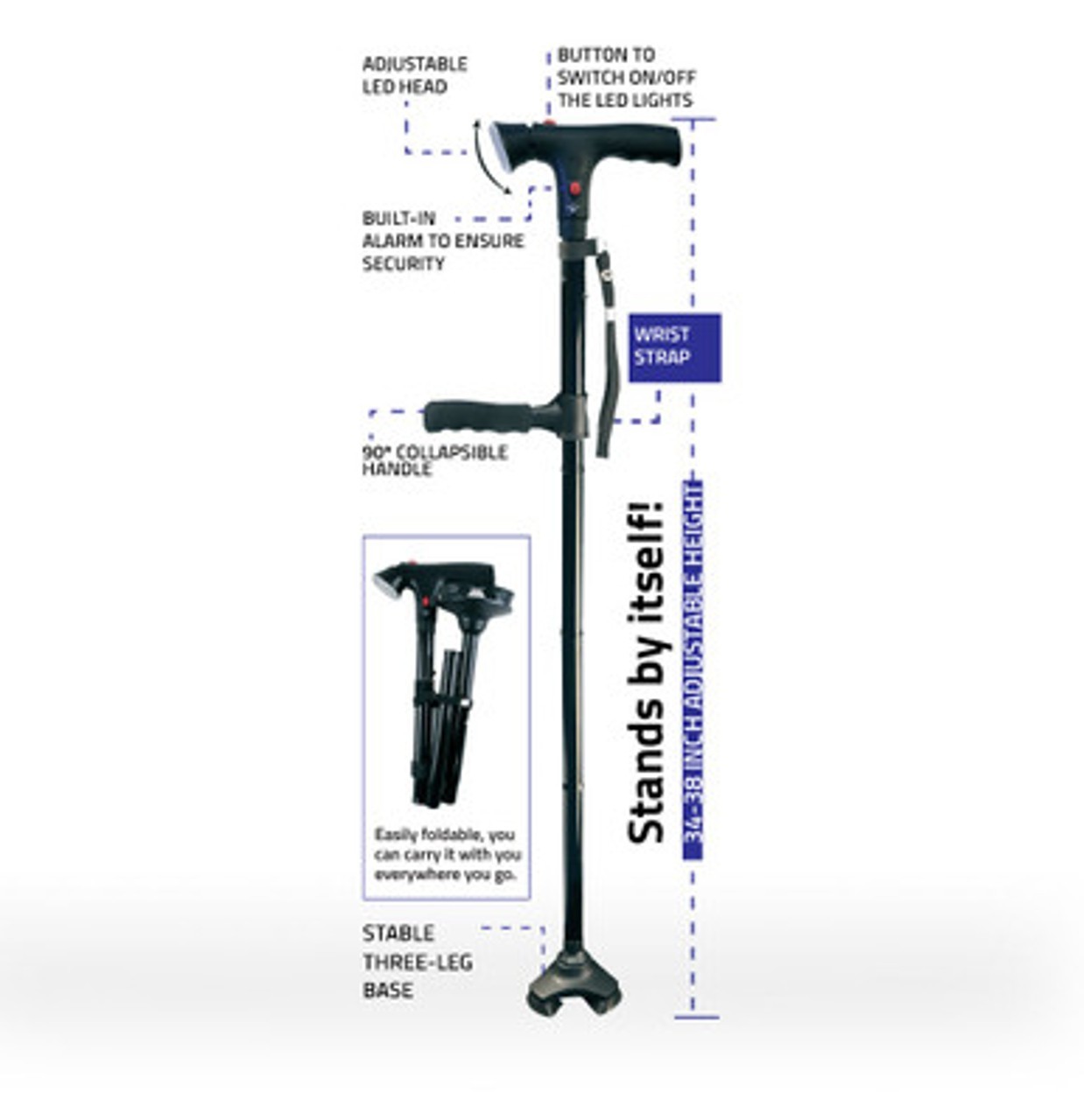 ProBasics Black Adjustable Folding Cane Durable and Portable