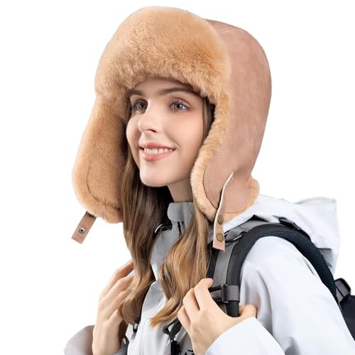 Trapper Hat with Faux Fur Linning Eskimo Windproof, Women Winter Warm Khaki