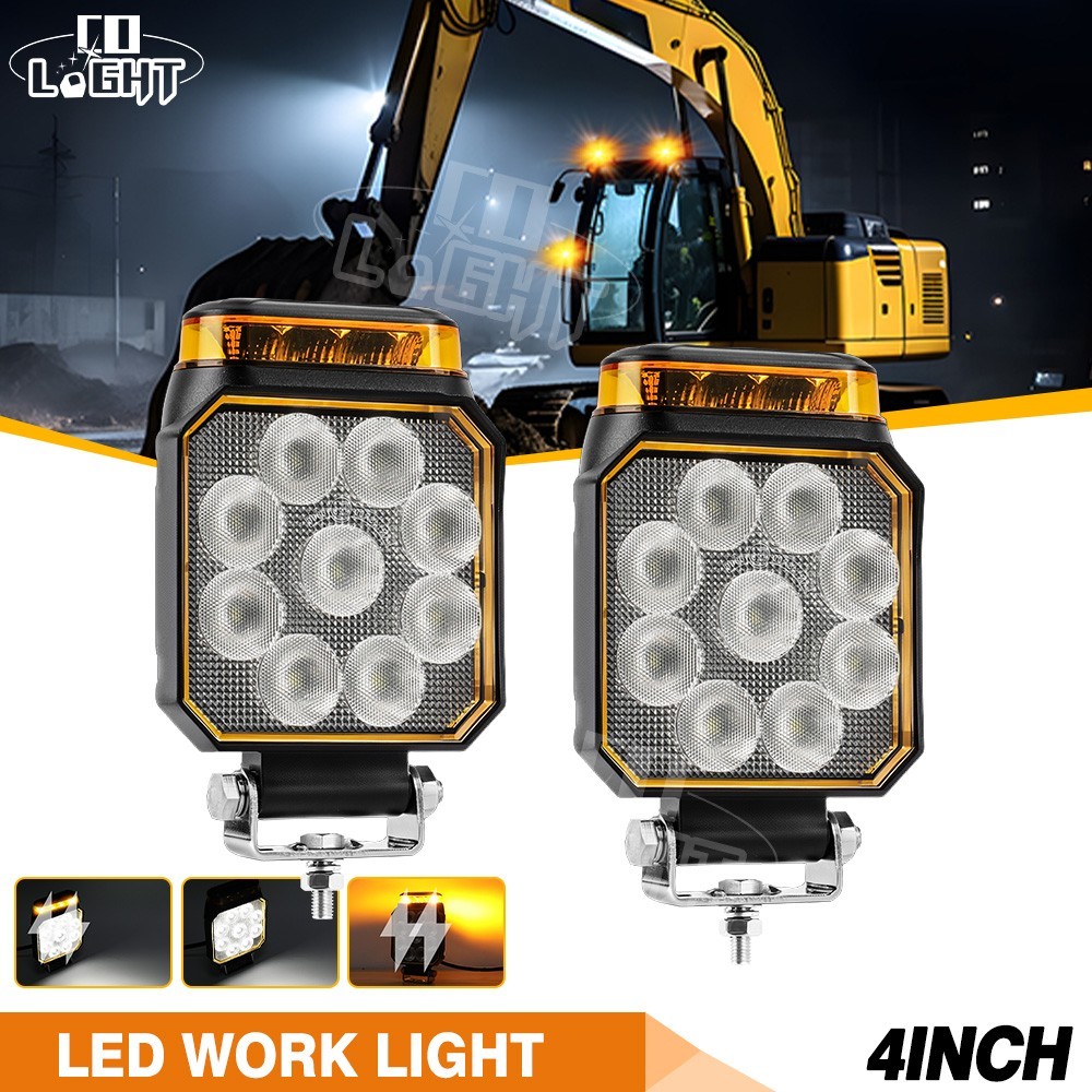 2pcs 4'' LED Work Light / Reverse Lamp With Amber LED Warning Strobe Flood Light