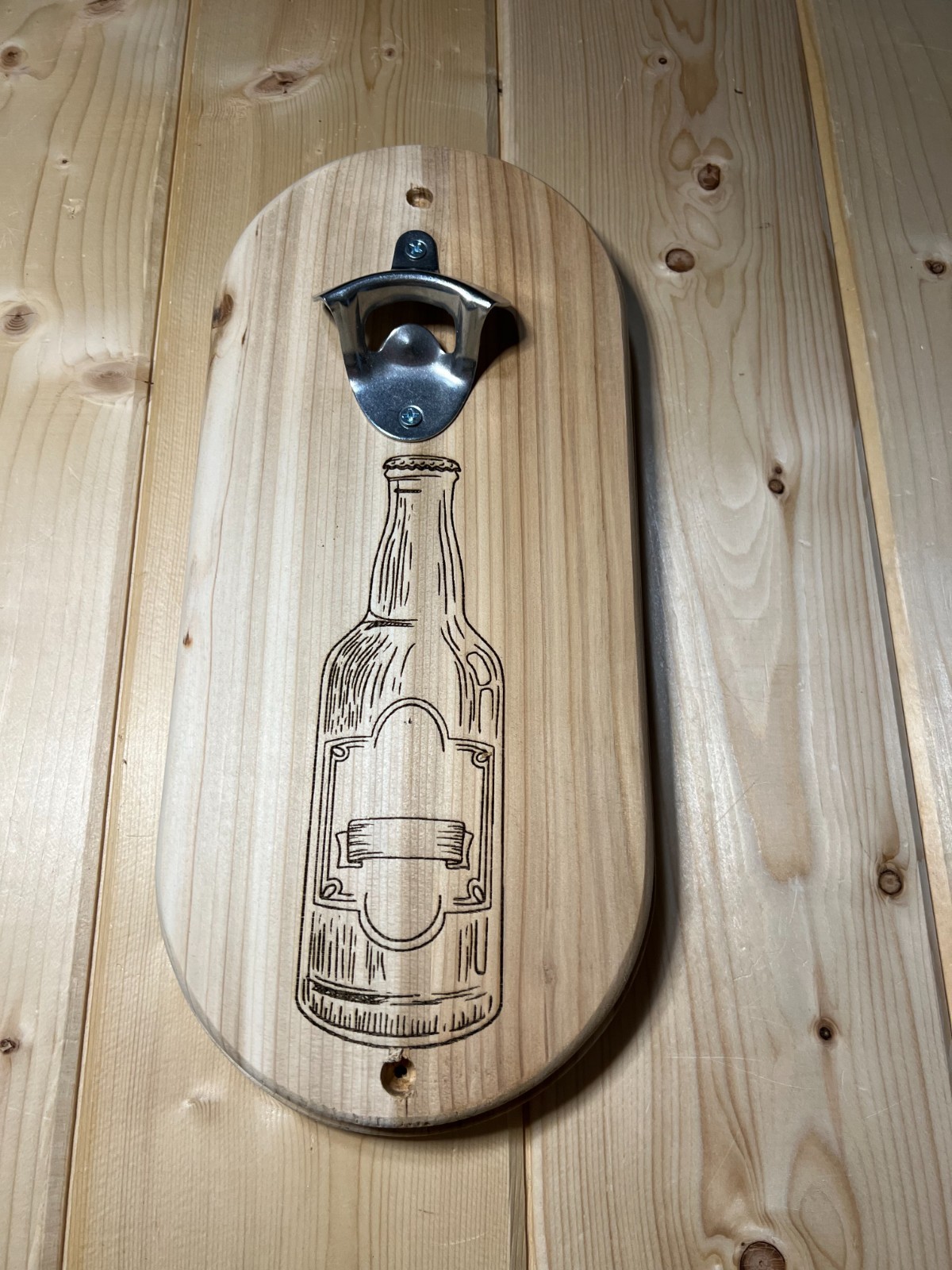 Cedar Wall Mounted Bottle Opener | Rustic Engraved Wood Bar Decor