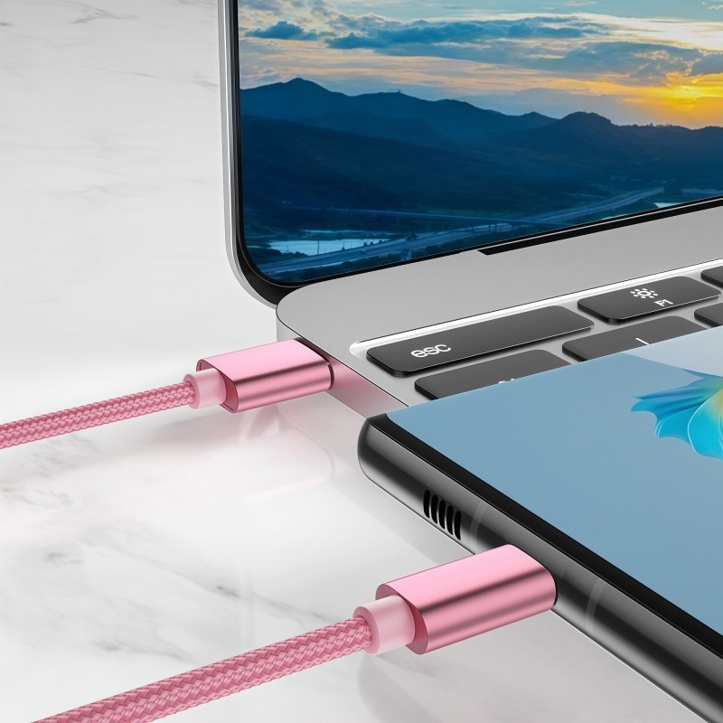 Pink 1m Type-C Cable Fast Charging Nylon Braided Data Sync Cord Tablet