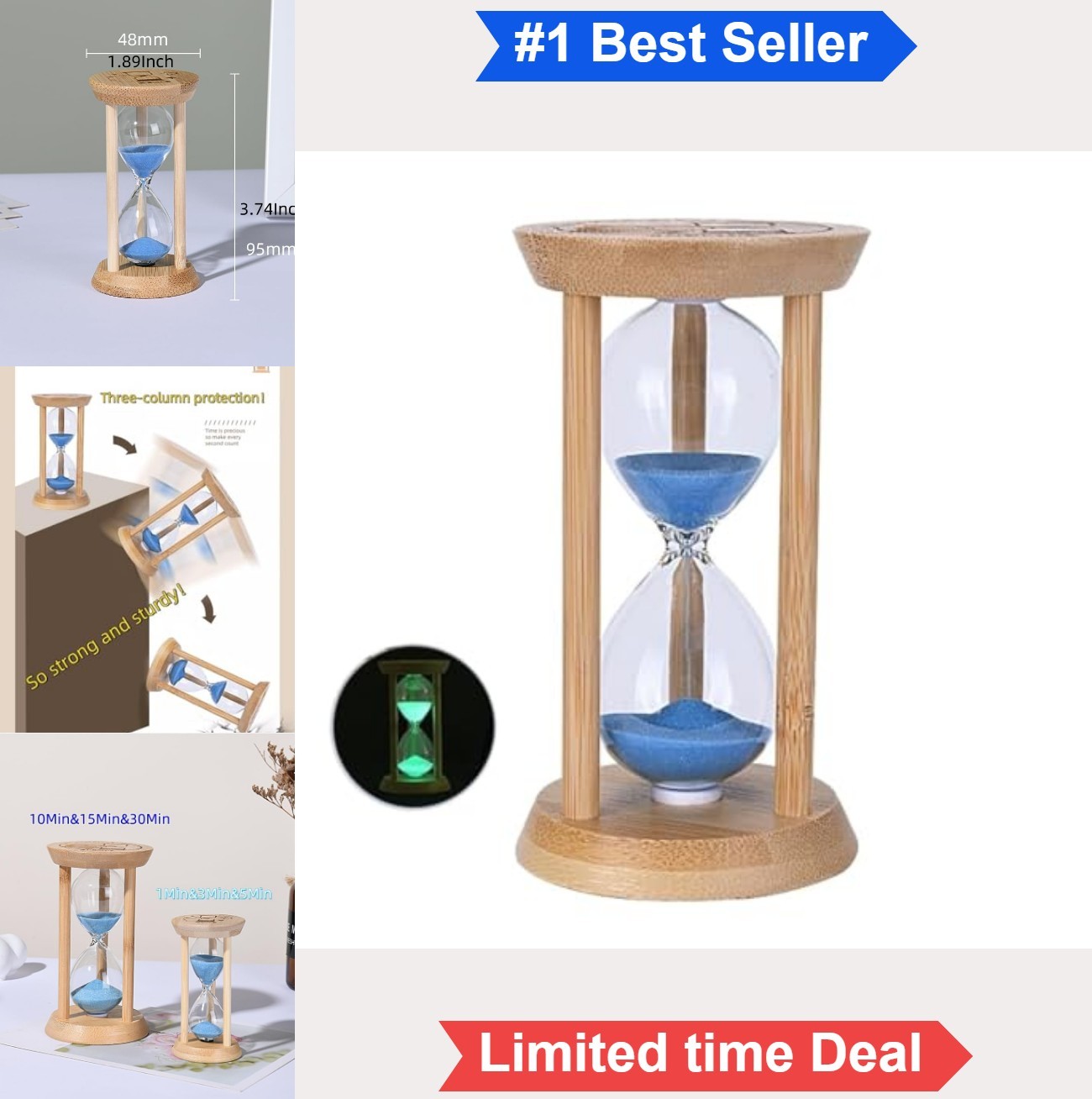 Mini Bamboo Sand Timer 1 Minute Hourglass Blue Wooden Kitchen Classroom