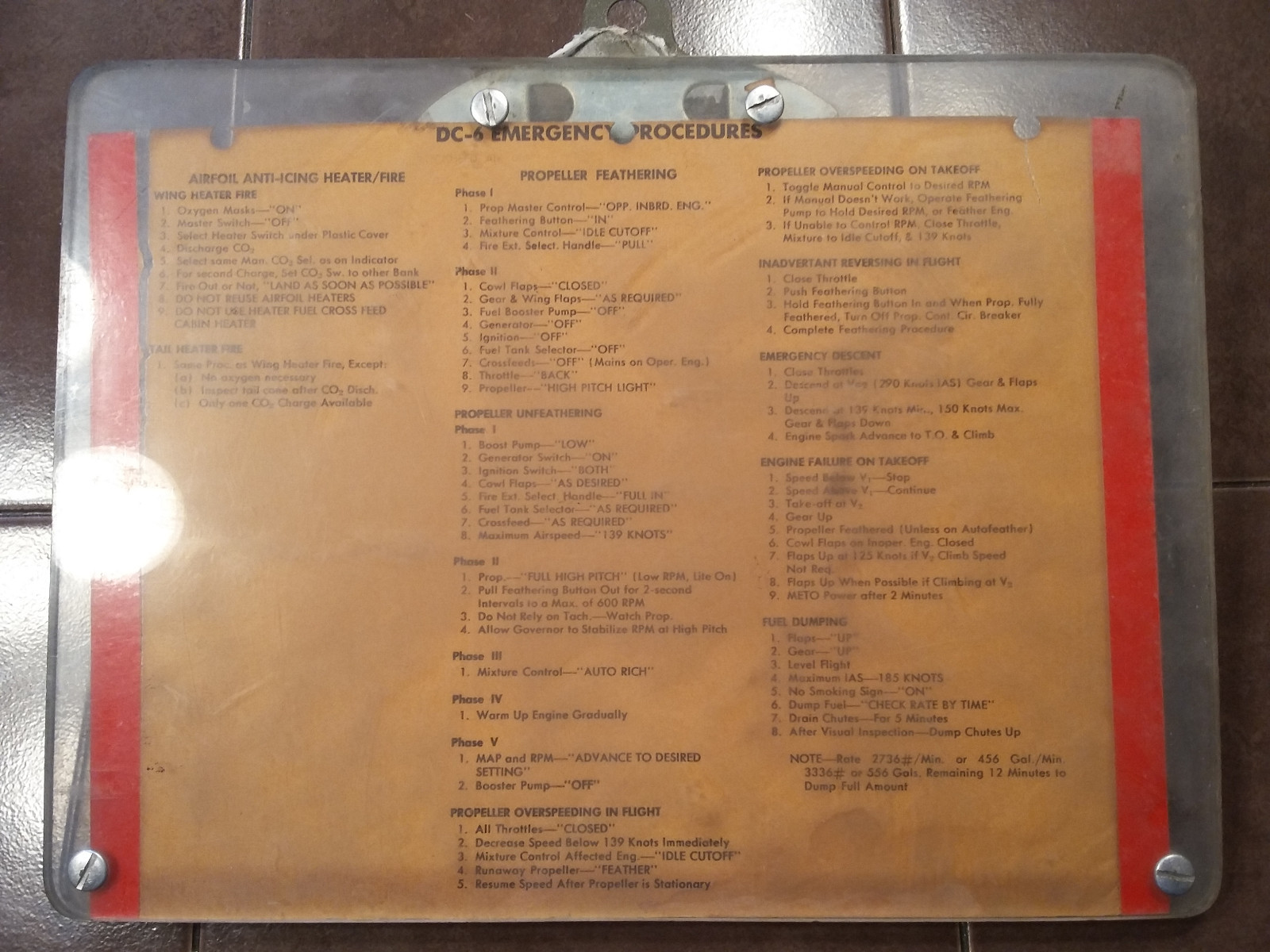 Original Laminated Clipboard Douglas DC-6 Emergency Procedures Checklist