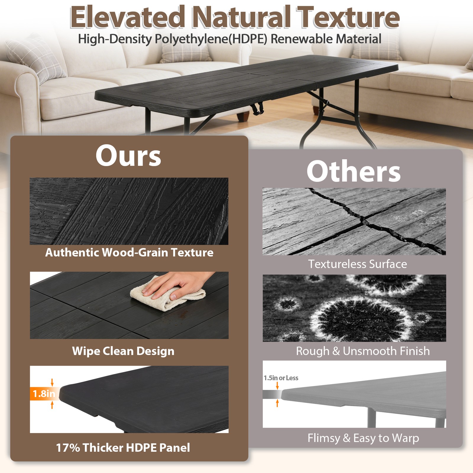 8FT Portable Folding Table Fold-in-Half Plastic Table for Dining Picnic Black