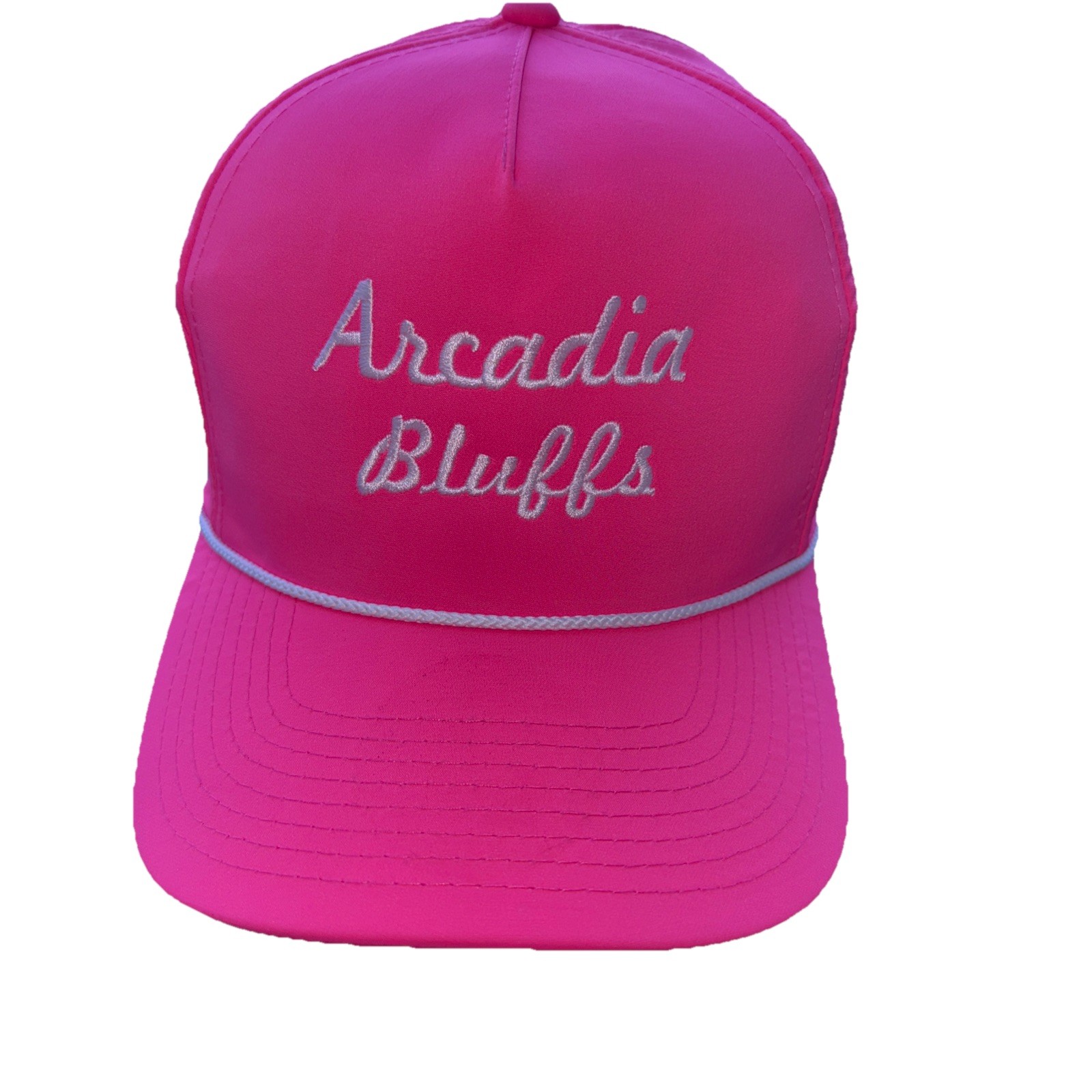 Arcadia Bluffs in White Script w Rope on Bright Pink Polyester Hat Cap SnapBack