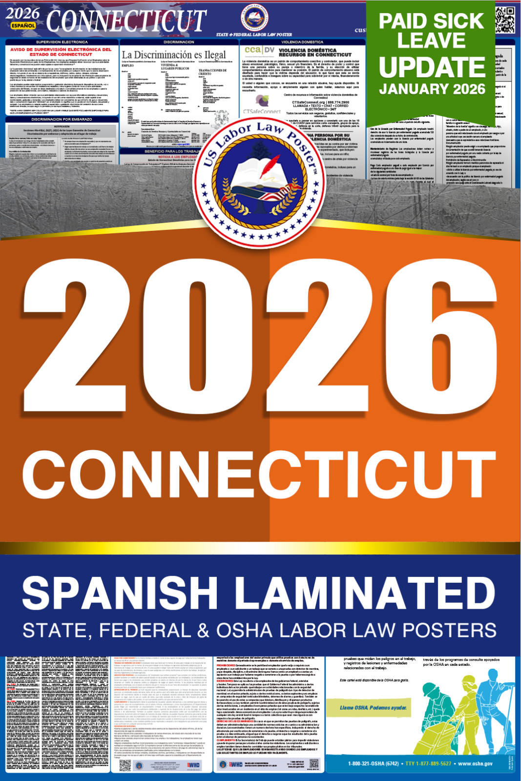 2026 Connecticut CT LABOR LAW POSTER (Federal & State) Spanish Laminated