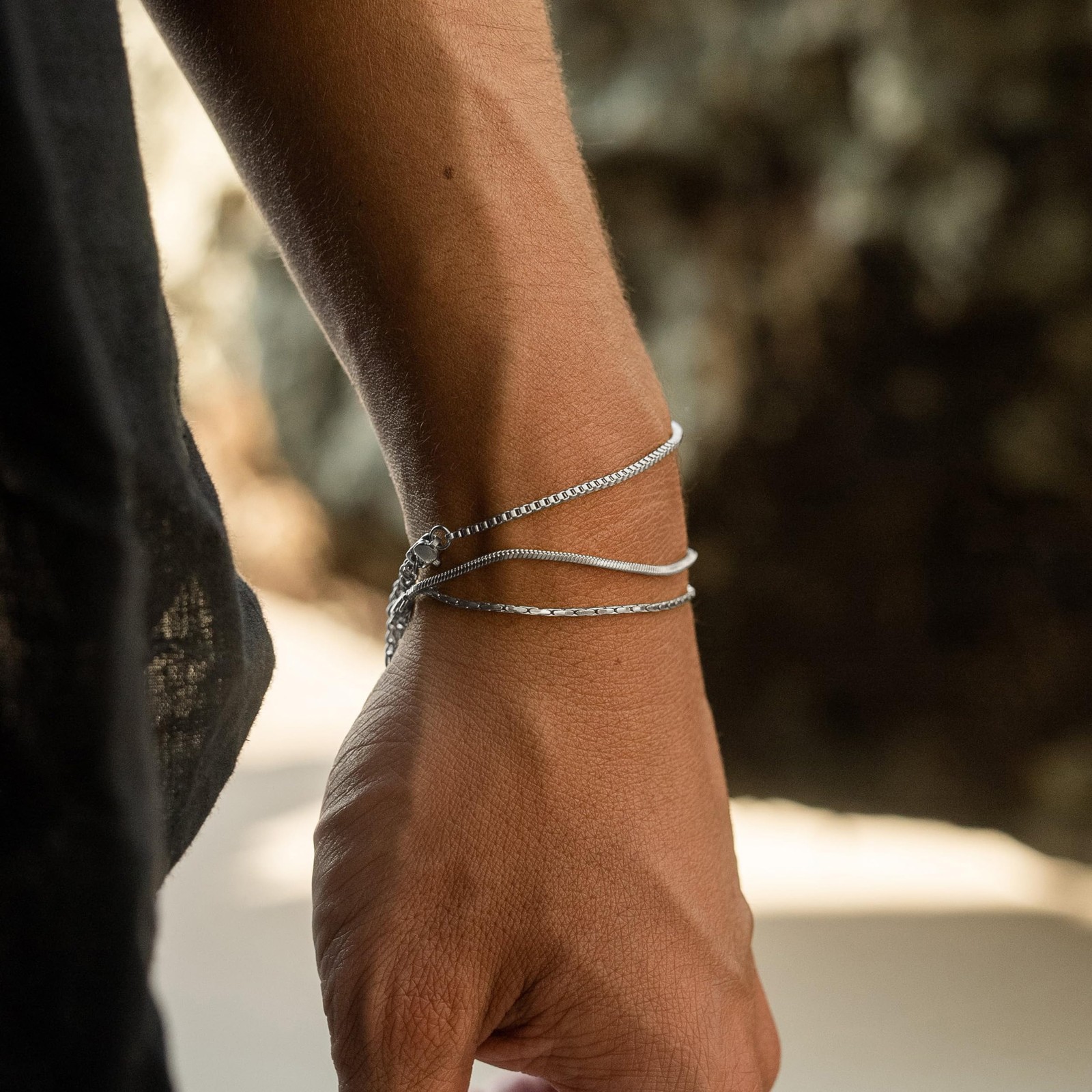 Silver Bracelet for Men - 3 Pcs Mens Stack 14K 7+2 Inch,