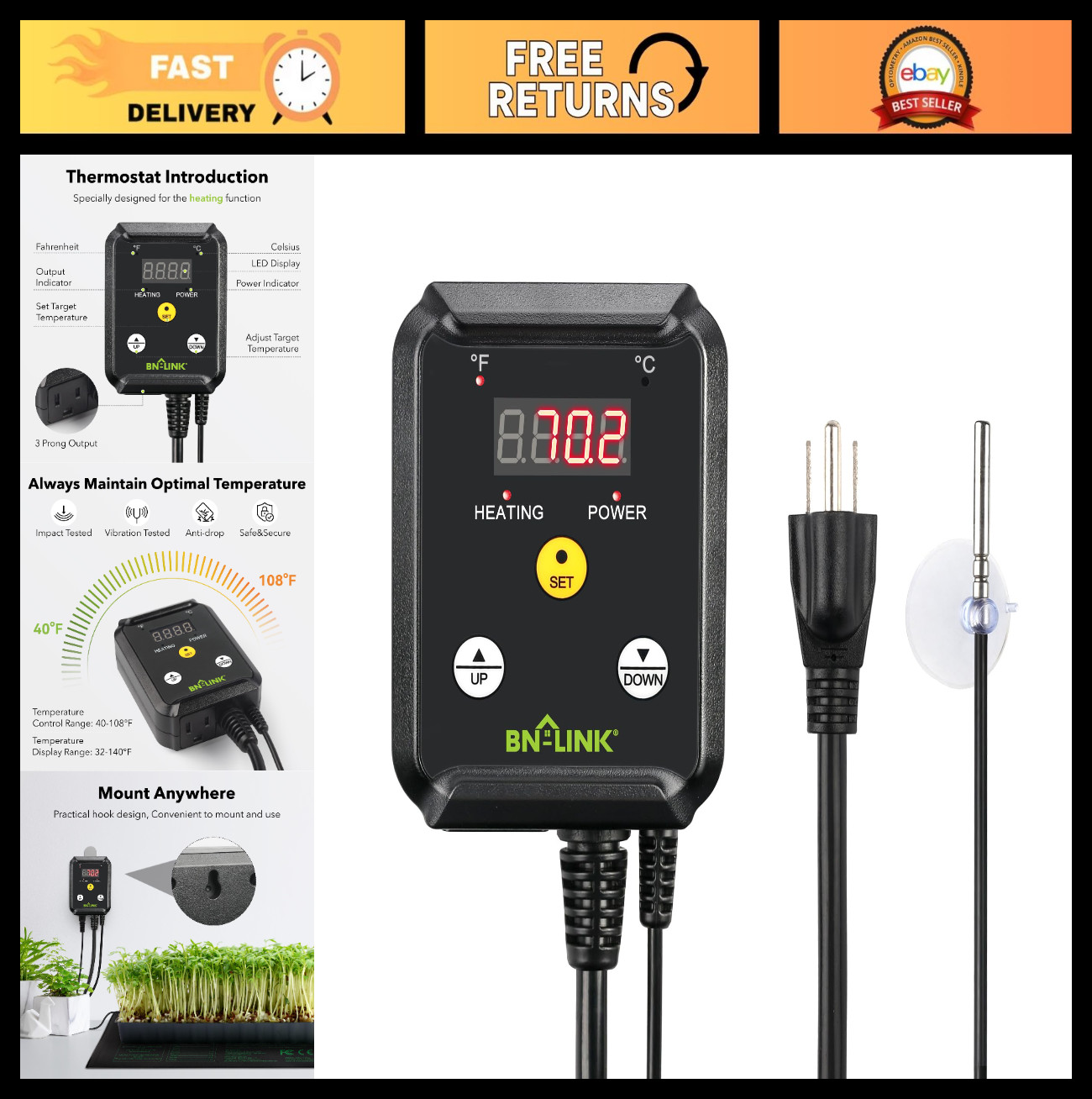 Digital Temperature Controller Thermostat for Reptiles, Plants, Greenhouse, 40-1