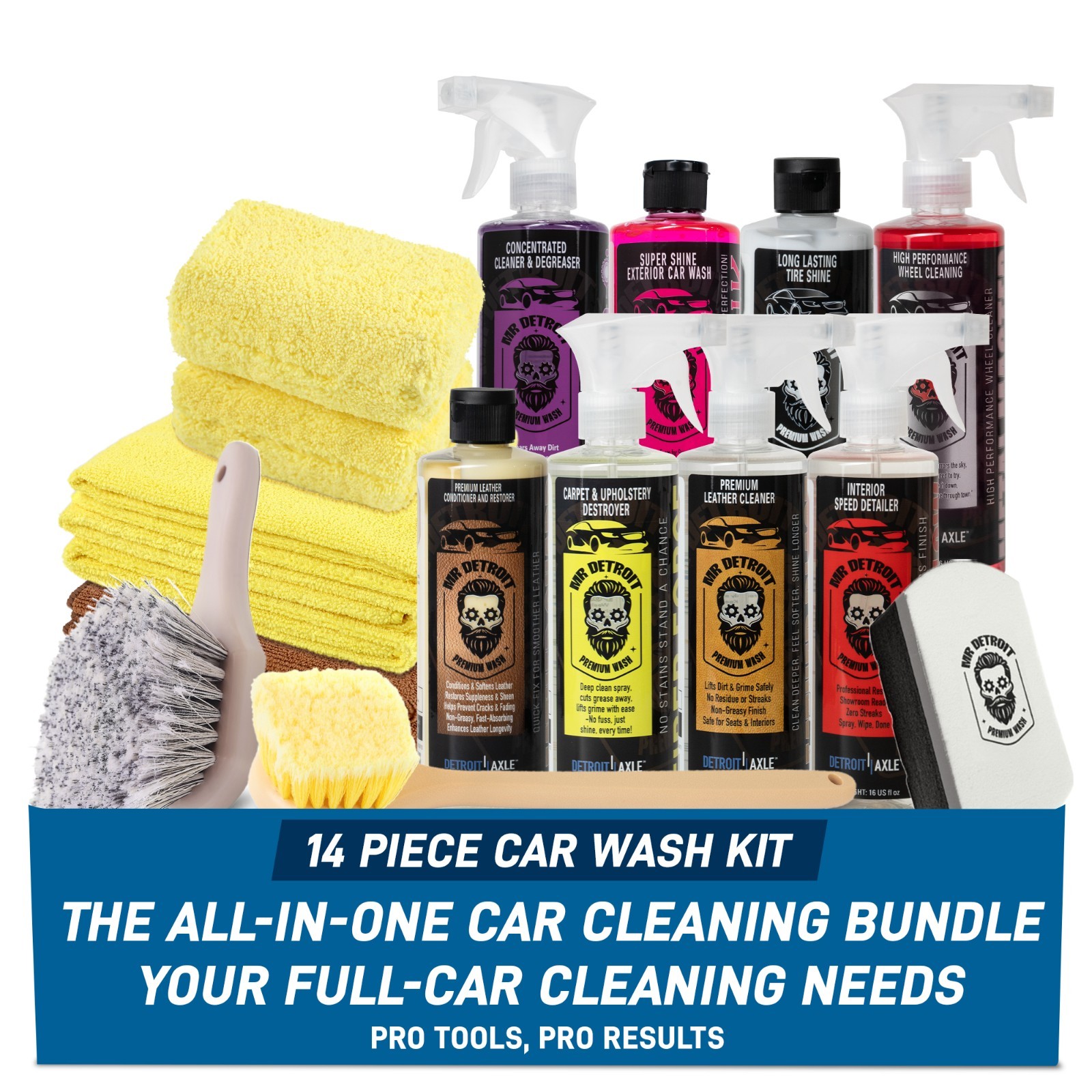 Mr. Detroit -  14pc Car Detailing Kit Interior & Exterior, Soap, Wheel Care