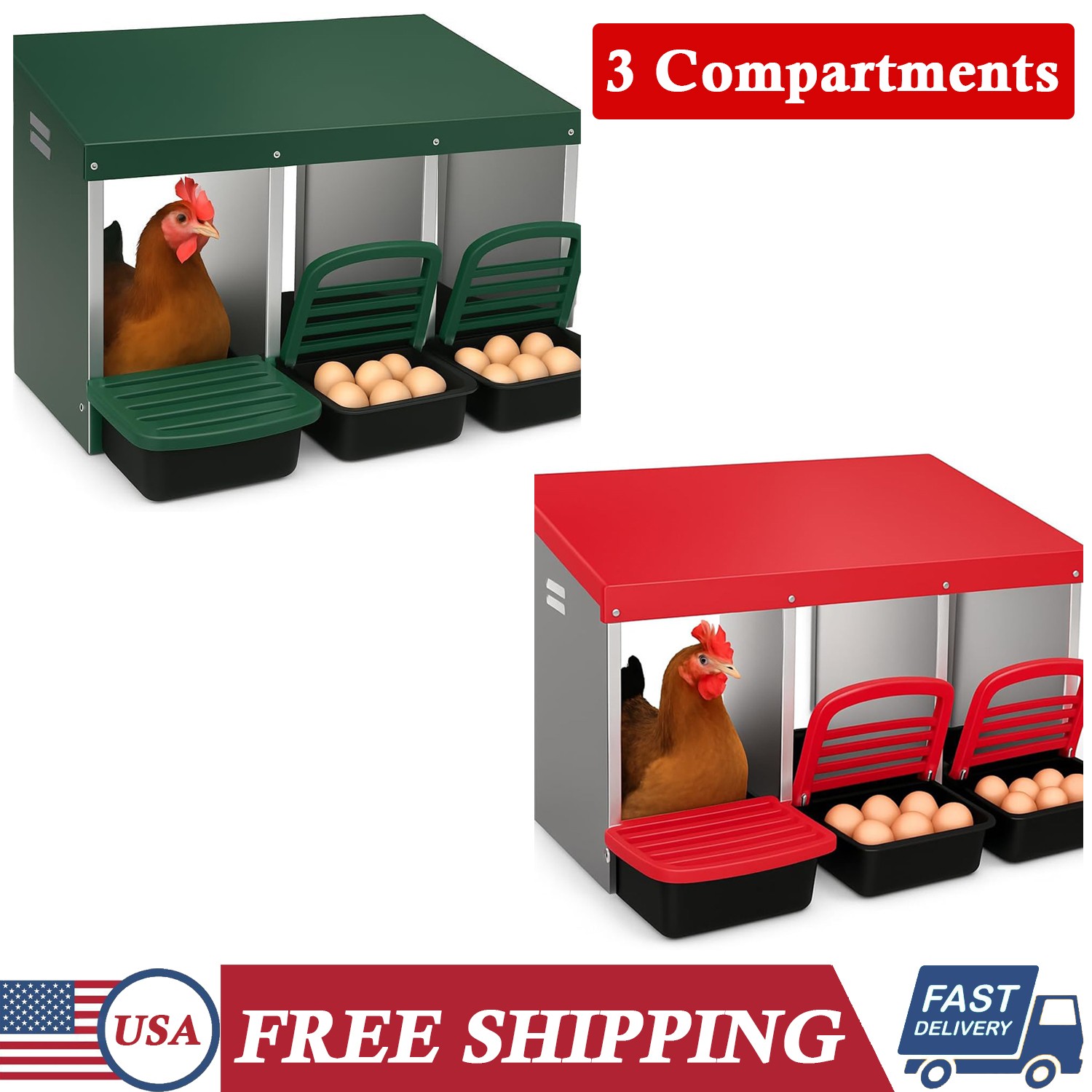 Chicken Nesting Box 3 Compartment Metal Chickens Laying Egg Box for Chicken Coop