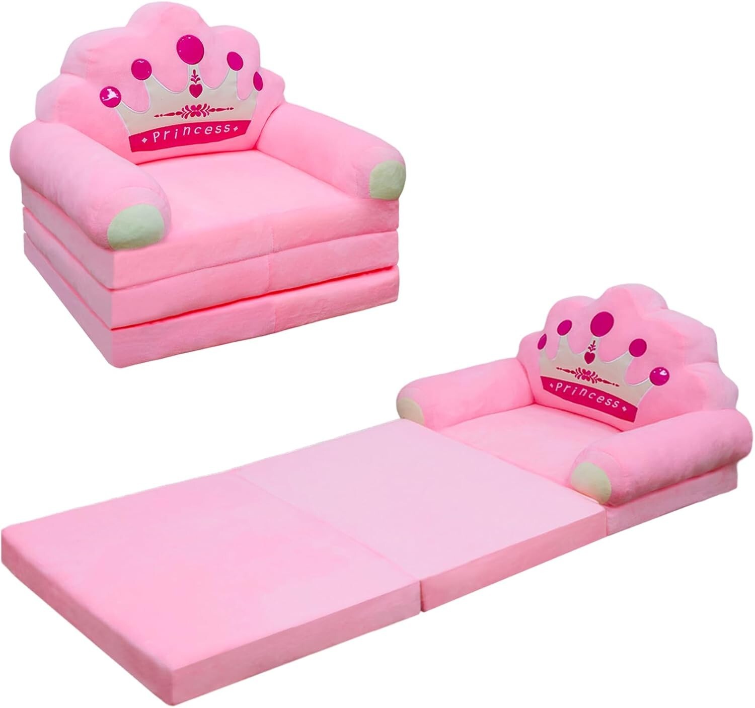 Kids Fold Out Couch, Couch for Toddlers 1-3, 2-in-1 Foldable Pink Crown