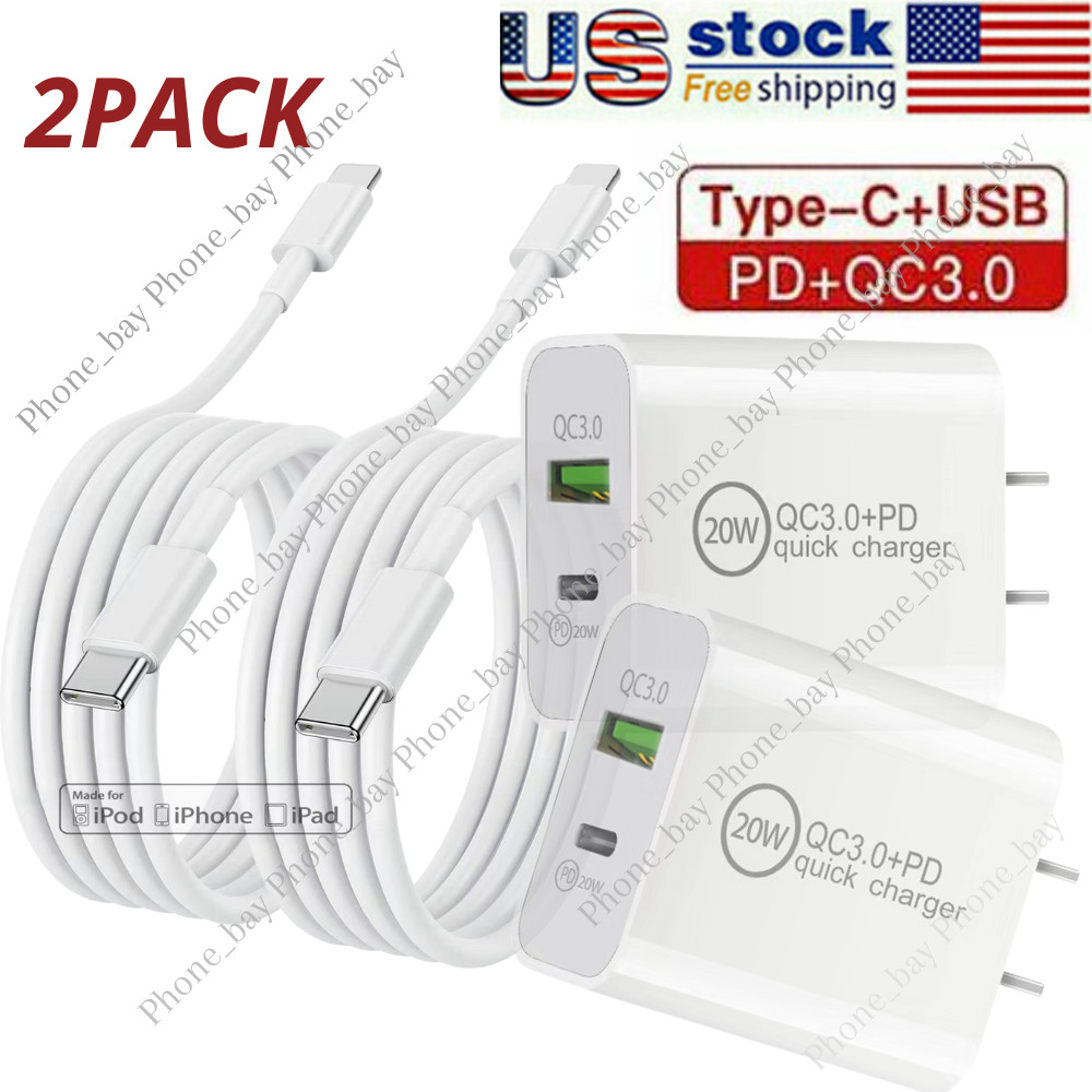 2 PACK Fast Wall Charger Block PD 20W Dual Power USB C Adapter For iPhone 13 12