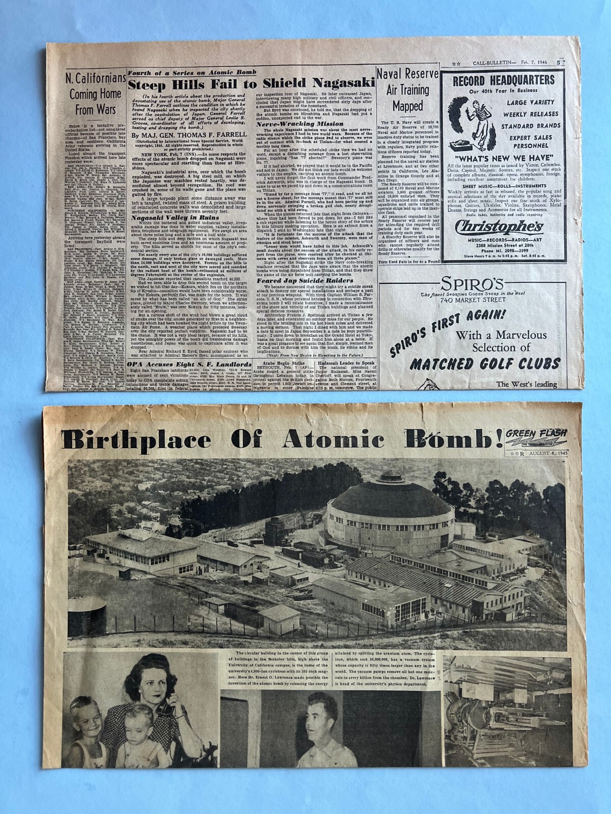 Lot of 2 WWII WW2 August 8 1945 Newspaper BIRTHPLACE OF ATOMIC BOMB Berkeley, CA