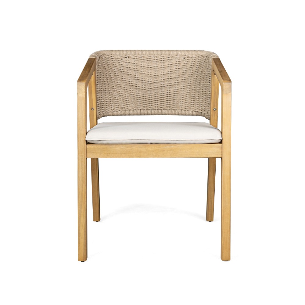 Dining Chair Set of 2 - Light Teak Acacia Wood, Patio Style with Rope Backrest