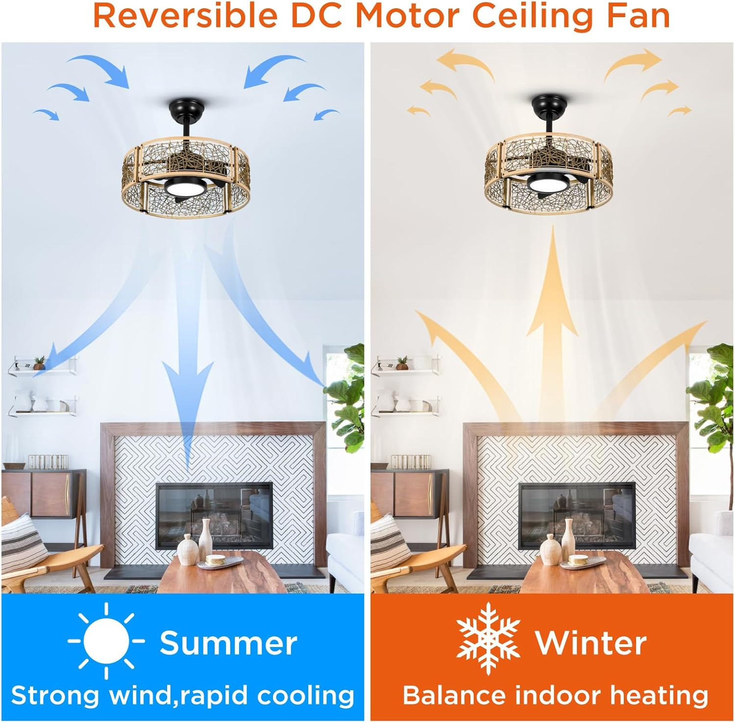 20" Oak Finish Caged Ceiling Fan with Dimmable LED Lights & Remote Control