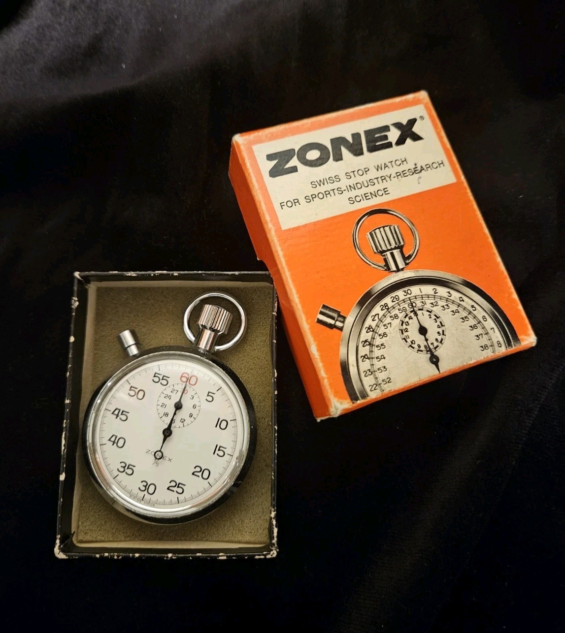 Zonex 1/5 Swiss Made 7 Jewels Vintage Mechanical Wind Up Stop Watch with the Box