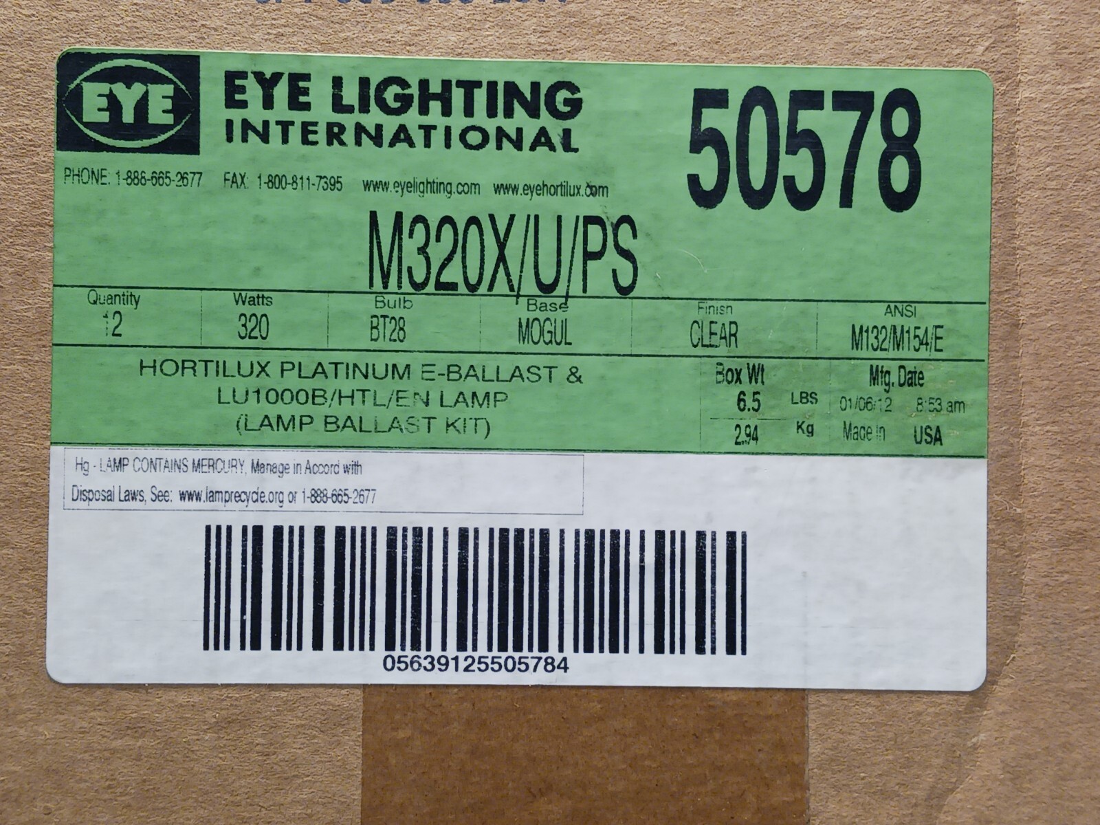 EYE M320X/U/PS PULSE START METAL HALIDE LAMP SOLD AS 1 LOT OF 12 LAMPS