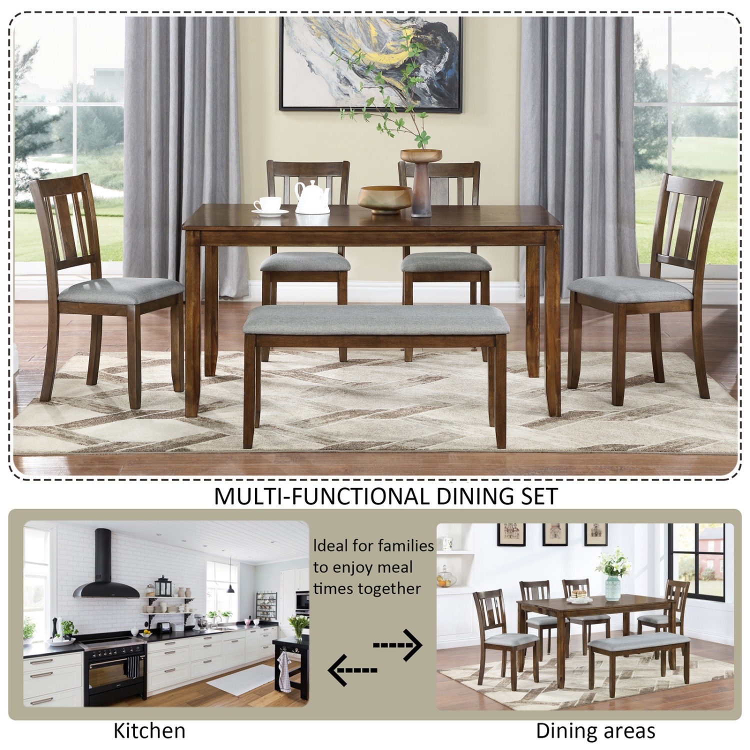 6 Piece Kitchen Dining Set Kitchen Table Wood Dining Table with 4 Chairs & Bench