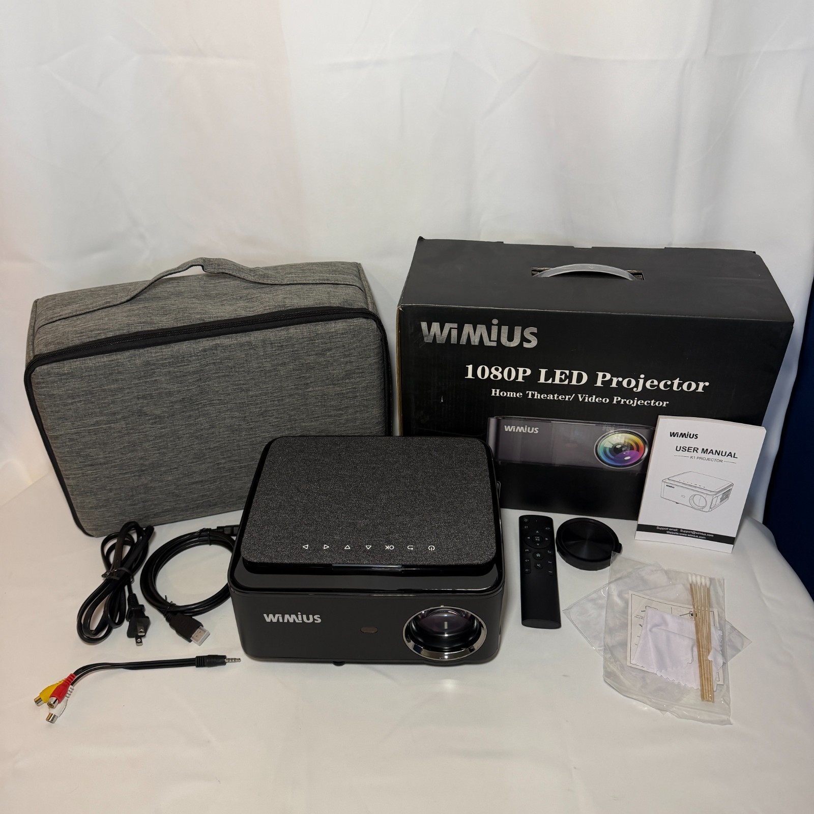 WiMius 1080P LED Projector Model K1 5G WiFi Bluetooth 5.2 4P 4D Keystone ±50°