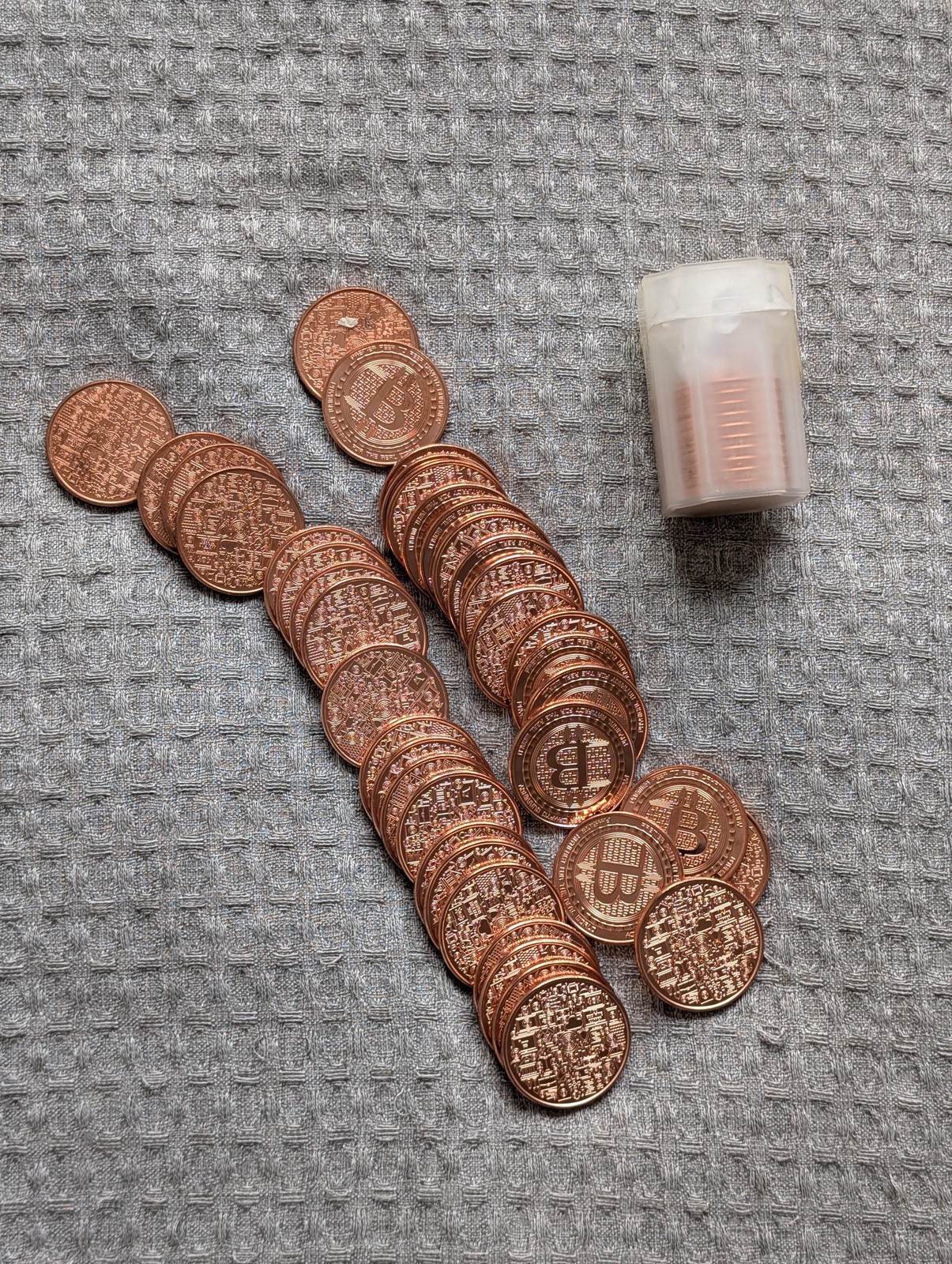 Physical Bitcoin Copper Bullion Lot of 49 Design Crypto Tokens Lot Storage Tube