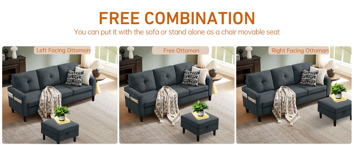 80" Convertible Sectional Sofa Couch with Movable Ottoman, 3 Seats Sectional