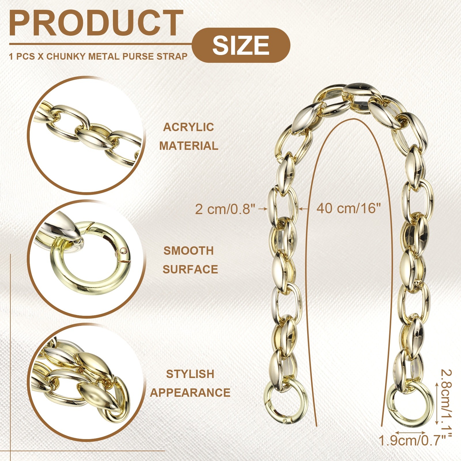 16" Acrylic Purse Chain Handbag Strap with Buckle, Light Gold, 0.8" Width