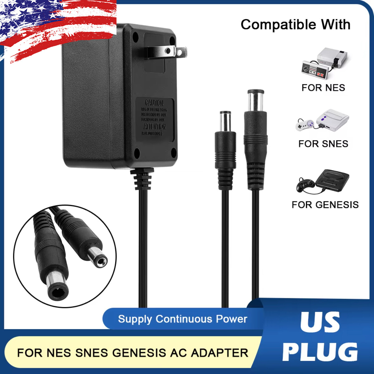 3IN1 Power Supply AC Power Adapter Cord for Nintendo NES SNES / SEGA SGENESIS US