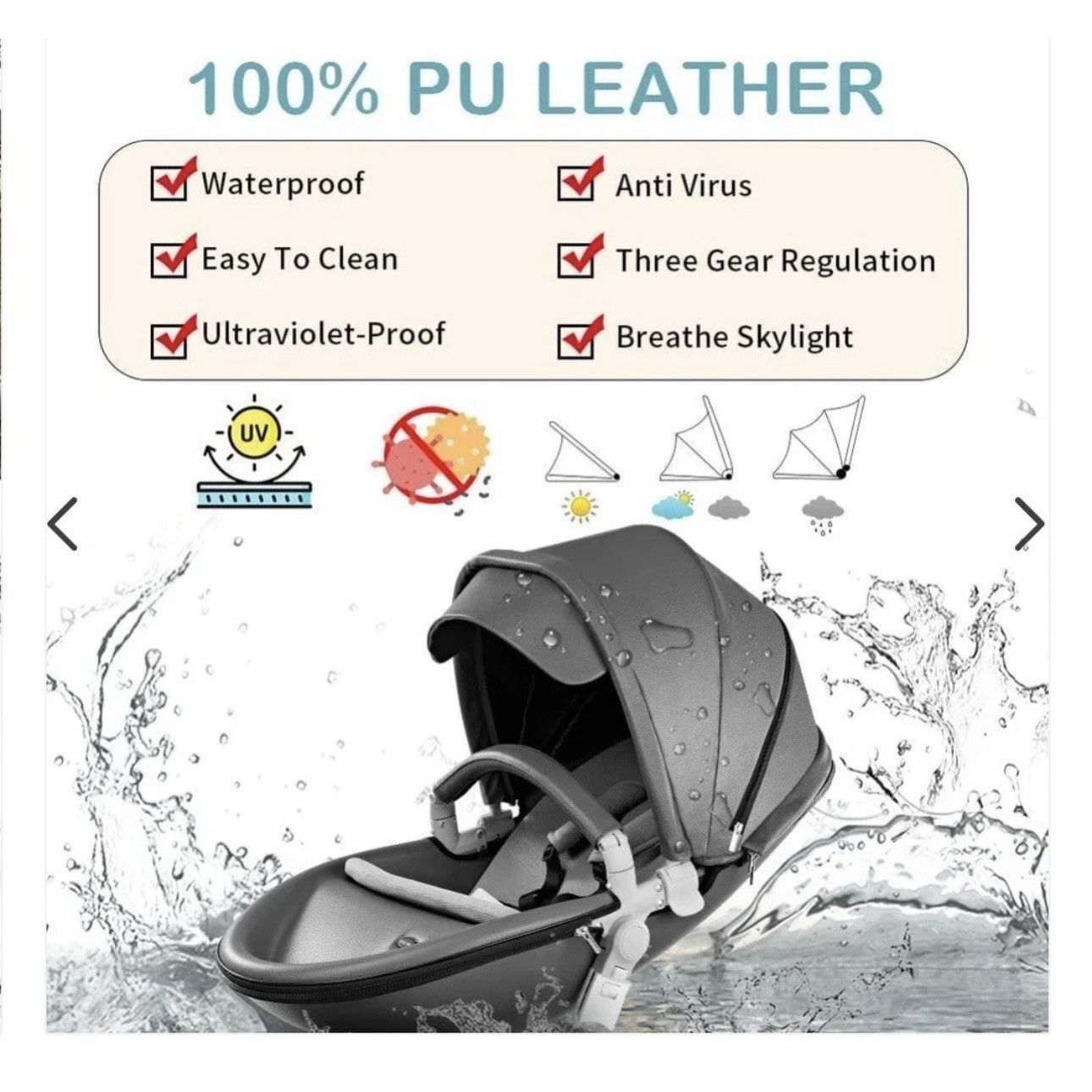 Hot Mom 2-in-1 Baby Grey Stroller with a 360° rotation function &PU leather SPF+