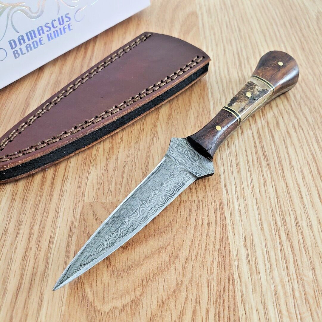 Damascus Baby Boot Fixed Knife 3.5" Damascus Steel Blade Stag Bone/Wood Handle