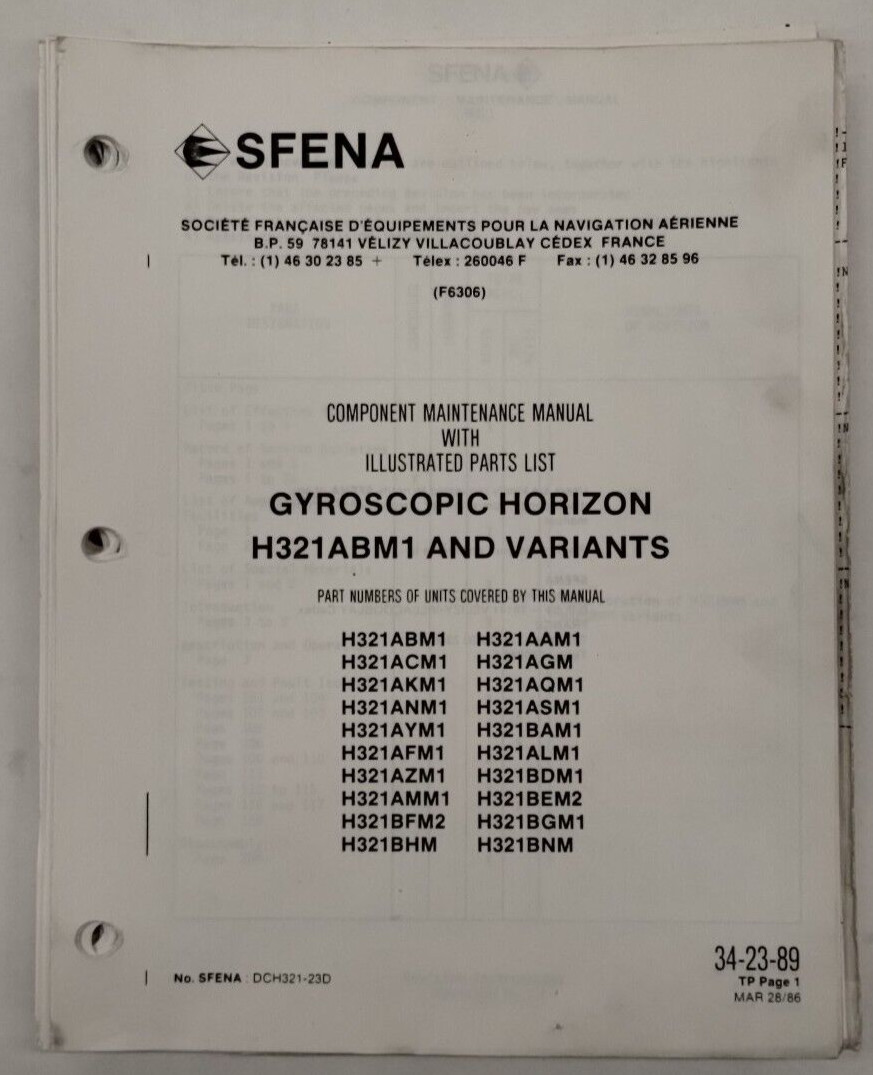 SFENA Gyroscopic Horizon H321ABM1 & Variants Component Maintenance Illust. Parts