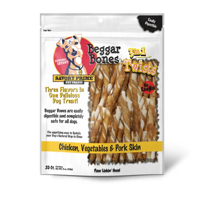 S & M Professionals Beggar Bones 3 In 1 Twist Sticks Dog Treats 20 Count