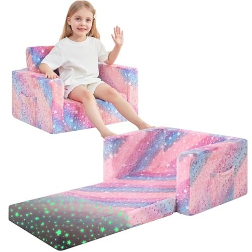 Toddler Couch, 2-in-1 Soft Kids Couch Bed Fold Out, Toddler Chairs Glow Star