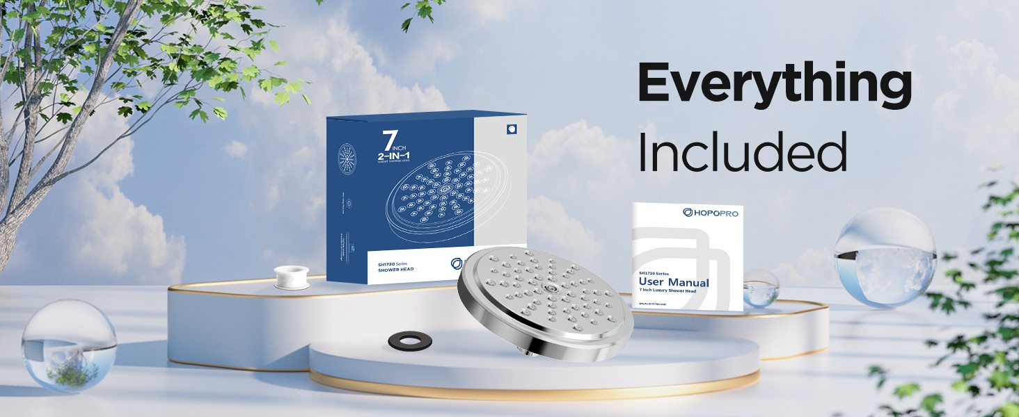 High Flow Shower Head - High Pressure Rain - 7 Inch Rainfall Spray Showerhead -