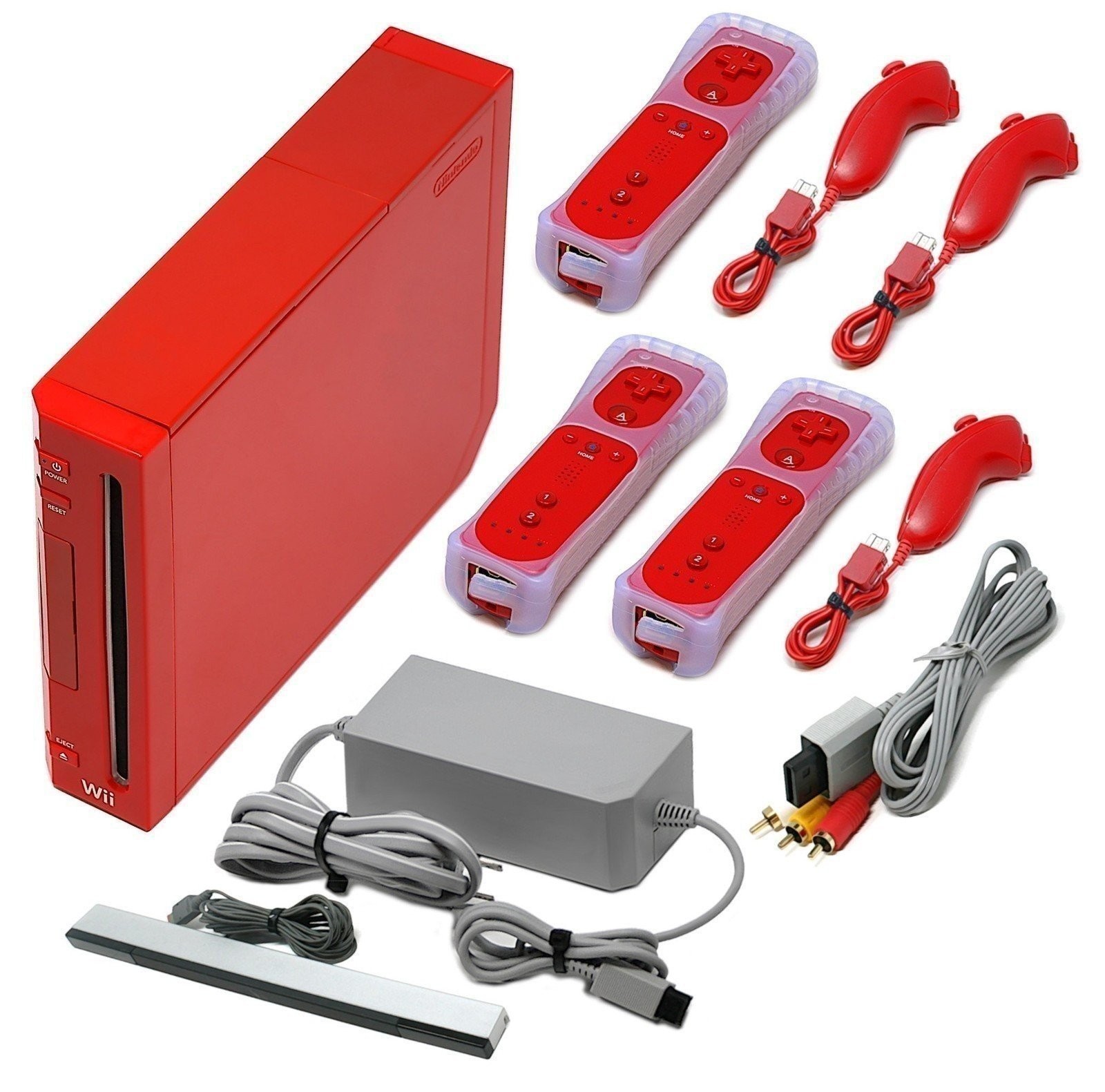 Wii Console Red + 1-4 Remotes + Pick Wii Sports Mario Kart or Super Mario + USA