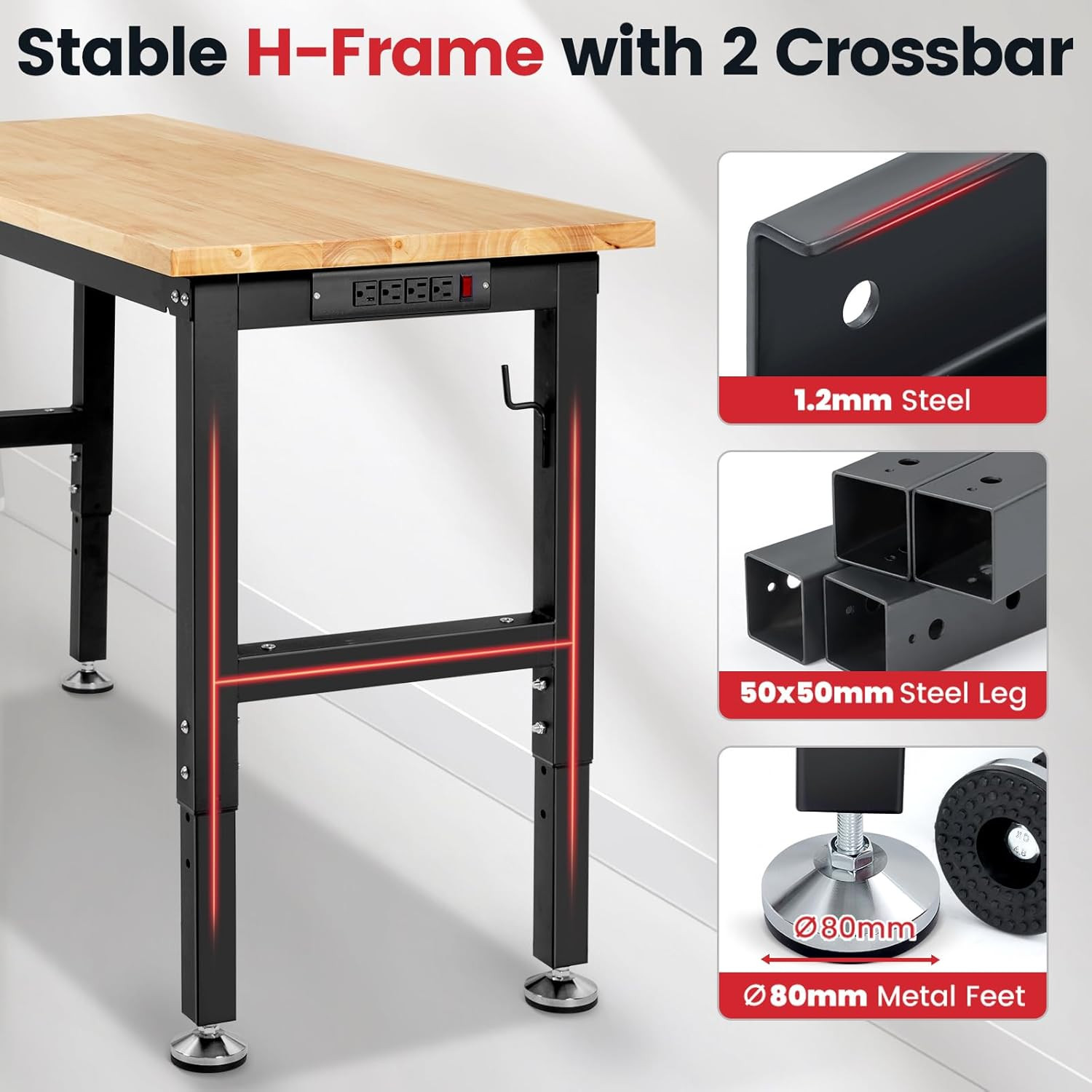 48" X 20" Adjustable Height Workbench Heavy Duty Rubberwood Work Table with Pegb