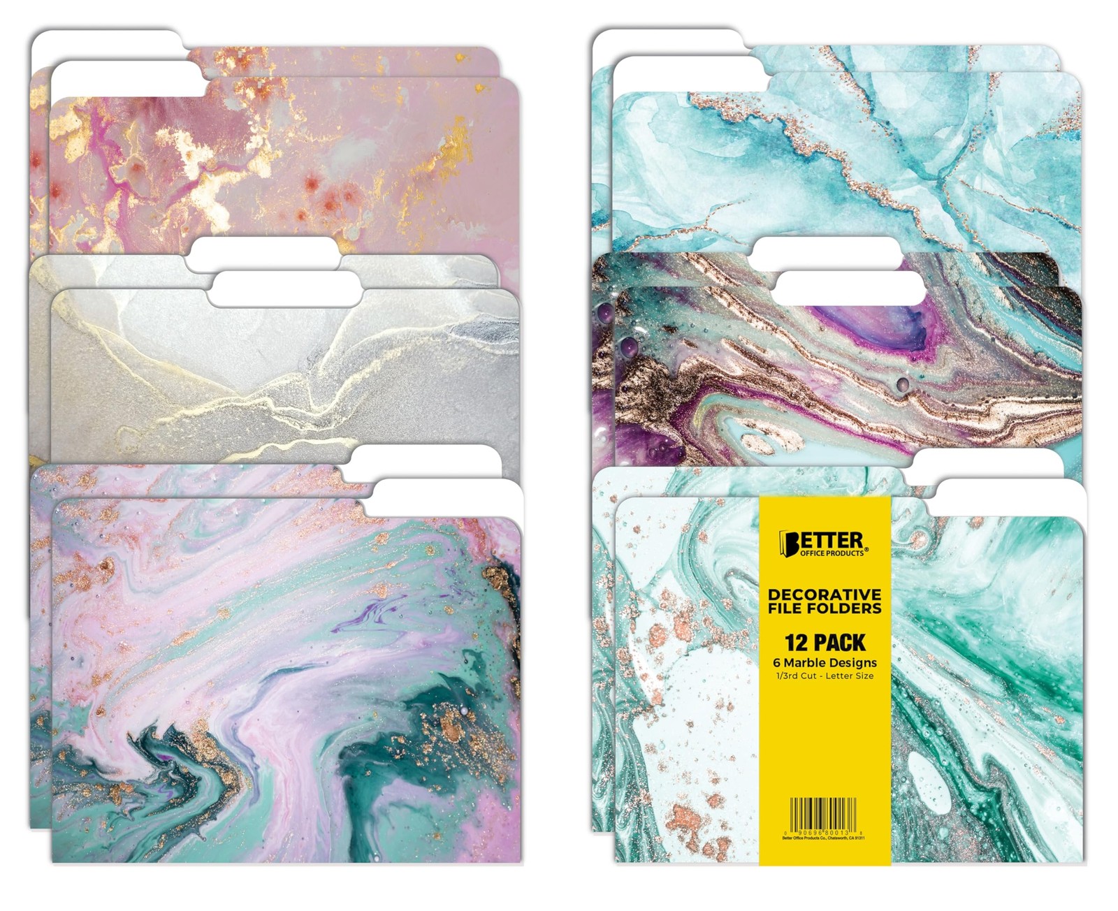 Better Office Products Decorative File Folders, 12 Pack, 6 Designs, Marble