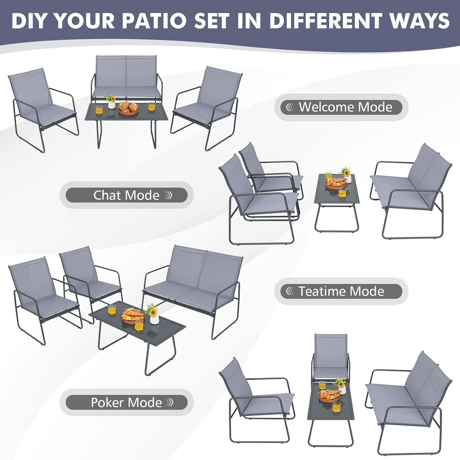 4 Pieces Patio Furniture Set, Outdoor Conversation Set with Tempered Glass Coffe