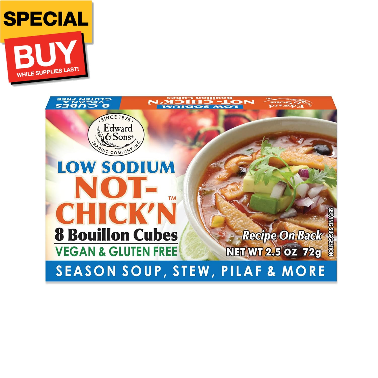 Edward & Son's Low Sodium Vegan Chicken Bouillon Cubes - Vegan Broth Cubes, Glut