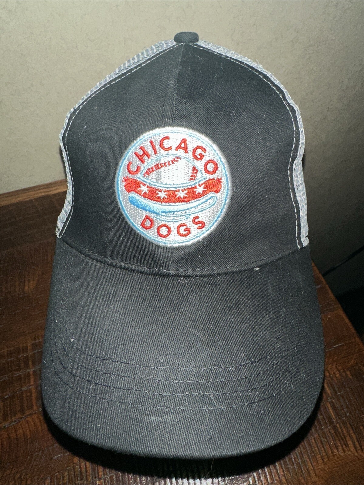 Chicago Dog Hotdog Patch on Black Hat Cap w Gray Mesh Fans First Hook Loop