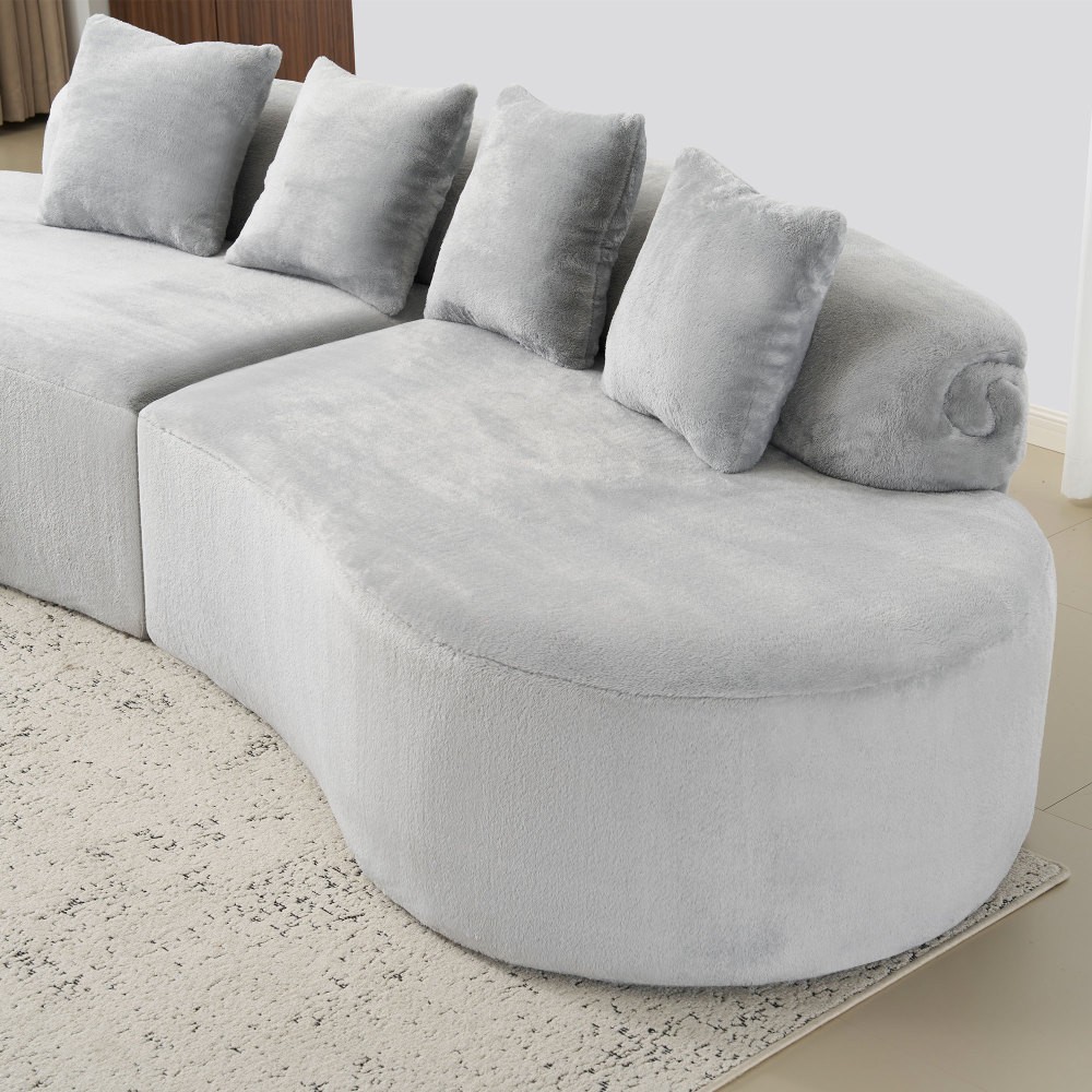 Curved Flannelette Sofa w/ Pillows, Light Gray, 4-Seat Modern Sectional